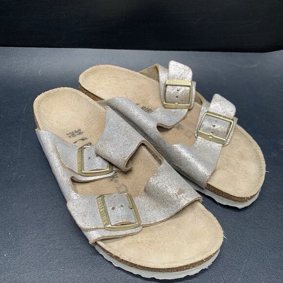 Birkenstock Arizona Buckle Vintage Metallic Gray Silver Narrow Medium Size 39 - Picture 1 of 8